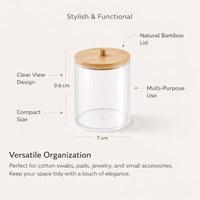 Swab Holder with Bamboo Lid, Transparent Cosmetic Storage Box, Bathroom Vanity Organizer for Makeup, Round Desktop Container