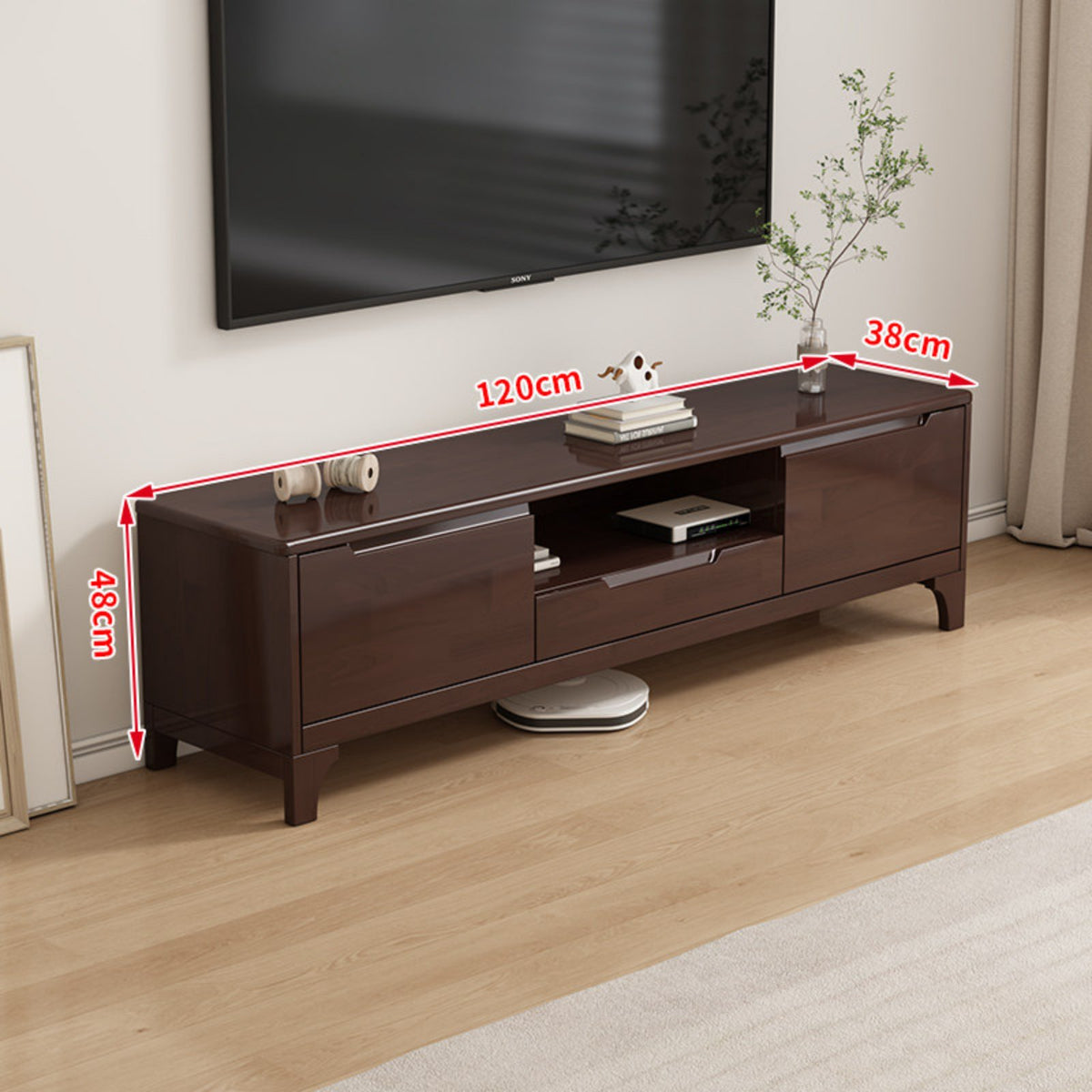 Solid Wood TV Cabinet Fully Assembled Wooden Storage Console Cable Management Modern Entertainment Center for Small Apartment Owners, Bedroom