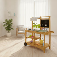 Toy Kitchen with Canopy Wooden Pretend Kitchen with Wheels Mobile Playset for Daycare