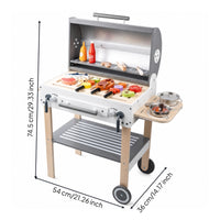 Wooden Play Grill Cart Rolling Kids Grill Playset Compact Pretend Play Barbecue for Young Children