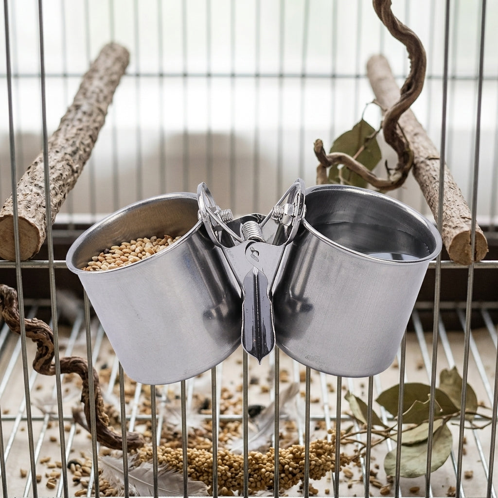 Parrot Feeder and Cockatiel Feeder with Clamp Holder, Stainless Budgie Feeder and Food Cup for Small Feeder Pet Bowl