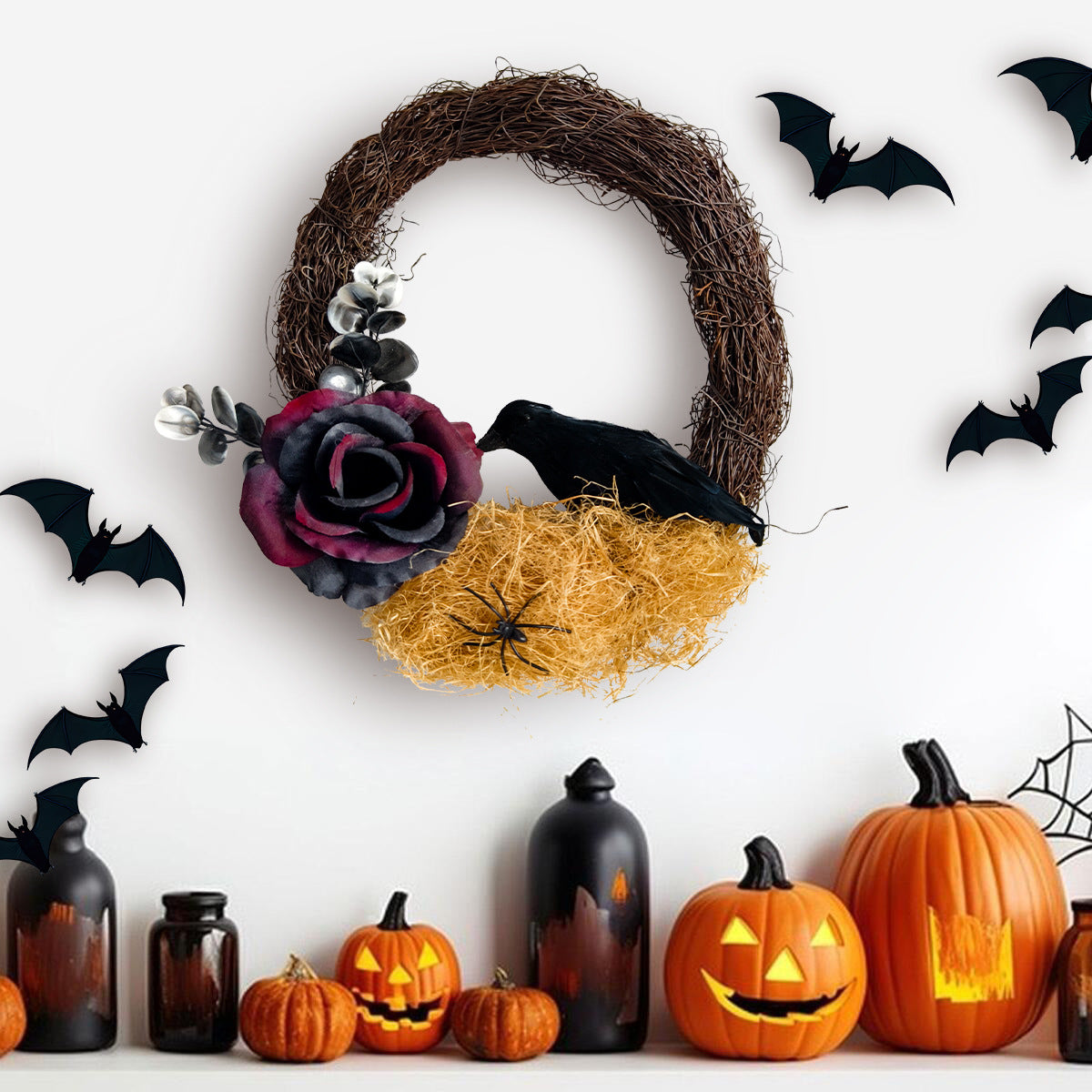 Halloween Wreath with Dried Branches, Roses, and Black Crow