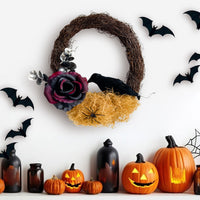 Halloween Wreath with Dried Branches, Roses, and Black Crow