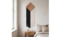 Bohemian Wood Wall Art with Fringe Handmade Macrame Wall Hanging Woven Boho Tapestry Cotton for Living Room, Bedroom, Entryway