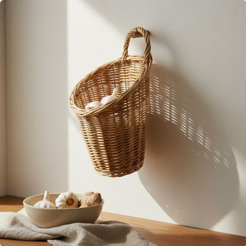 Rattan Produce Basket Space Saving Woven Hanging Basket Boho Decor for Pantry