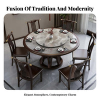 Solid Wood Dining Set with Turntable Heat Resistant New Chinese Design Dining Set High Temperature Resistance Kitchen Table with 6 Chairs for Families