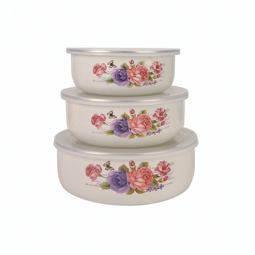 3 Pieces Enameled Bowls with Lids Nesting Kitchenware Long-Lasting