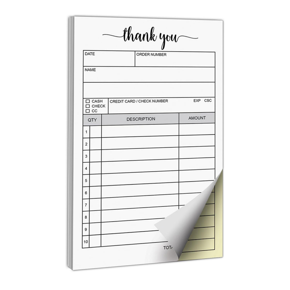 Carbonless Receipt Pad Chipboard Backing Order Form Pad Perforated Pages Sales Receipt Booklet