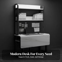 Foldable Computer Desk with Hutch Space-Saving Workstation with Storage Multi-Functional Wide Desktop for Students, Small Areas