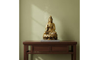 Peace Blessing Guanyin Statue Gold Finish Golden Guanyin Figurine Ornate Details Lotus Base Buddha Statue Traditional Chinese Design for Buddhist Believers, Office Desk