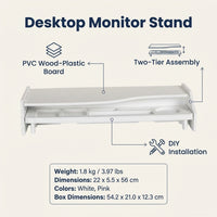 2 Tier Monitor Stand Riser with Desk Storage, Desktop Organizer for Home Office Accessories, Computer with Shelf, PVC Wood Board
