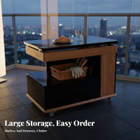 Rotate Elevating-Top Table Adjustable Height Living Room Furniture Movable with Wheels Easy Mobility