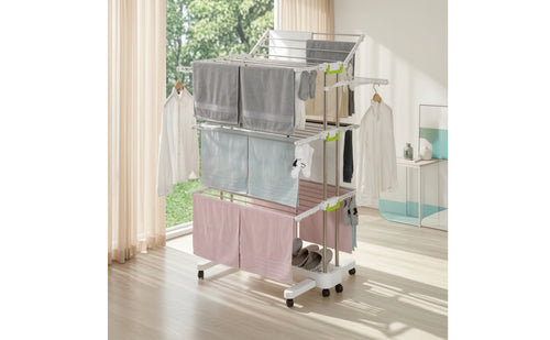 Rolling Clothes Drying Rack with Wheels Multi-Tier Foldable Drying Rack with Shoe Shelf Floor-Standing Furniture Folding for Families, Renters, Apartments, Balconies