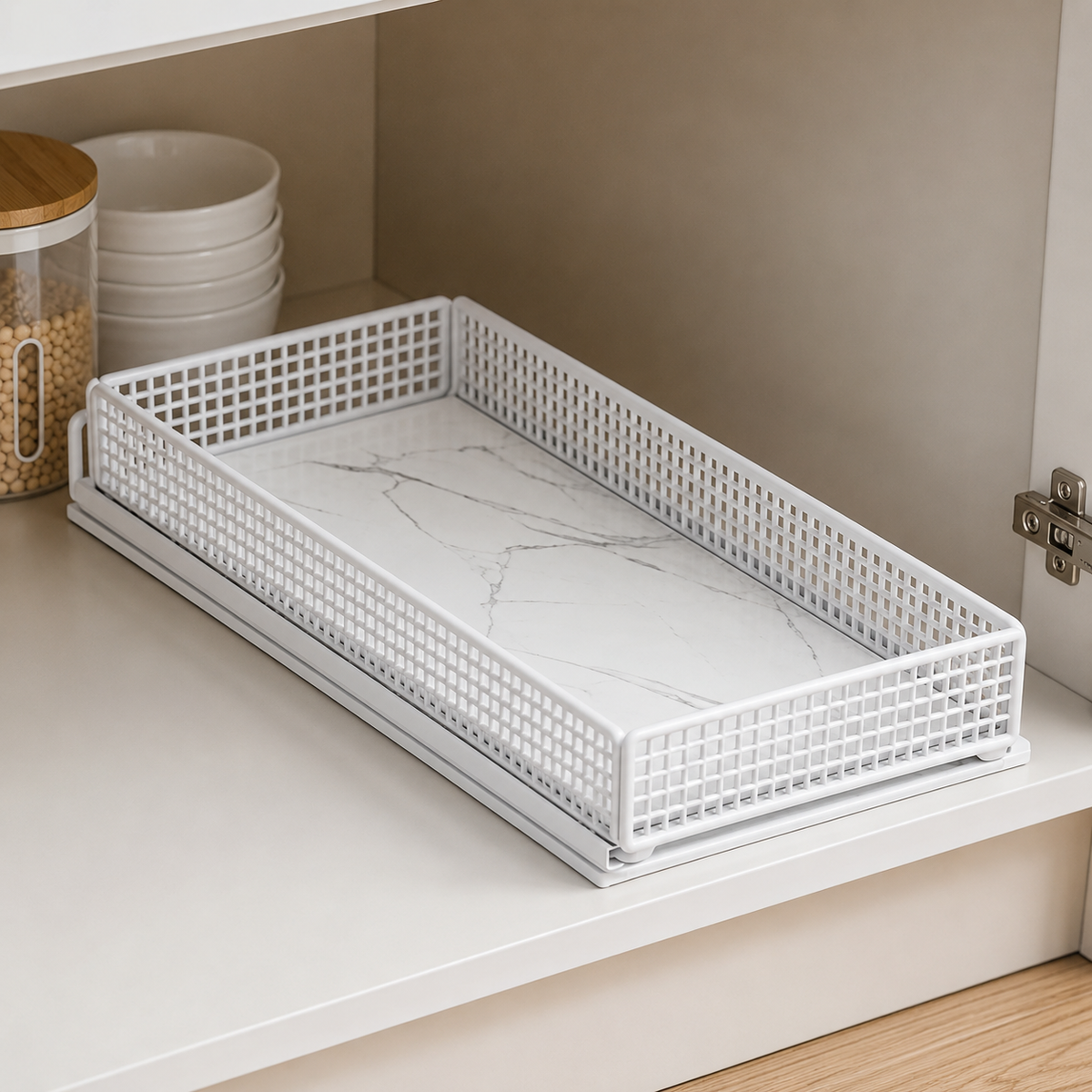 Under-sink Storage Basket, Drawer-Type Storage, 20cm Width, Slide-Type, Metal, Marble-Pattern PVC Base