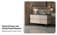 Sintered Stone Top Nightstand Solid Wood Construction Modern Nightstand with Drawers Scratch Resistant Leather Wrapped Bedside Table for Adults, Hotel