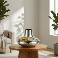 Silver Vase with Gold Floral Decoration Reflective Ceramic Flower Vase Decorative Vessel for Homeowners, Entryway Table