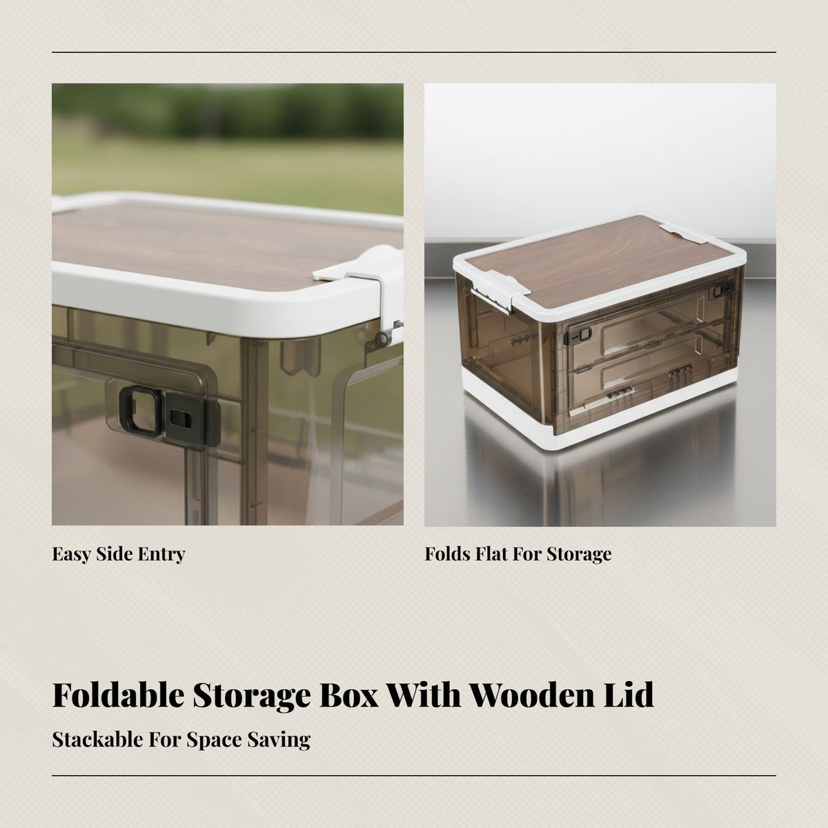 Outdoor Camping Folding Storage Box, Side-Opening, Stackable, Car Organizer, Wooden Lid, Clothes Holder, Plastic