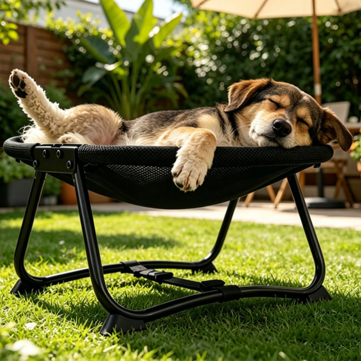 Collapsible Foldable Pet Cot Metal Frame Mesh Pet Cot Black Elevated Dog Bed for Travel, Storage
