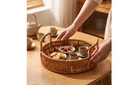 Imitation Rattan Tray with Handles Versatile Woven Tray with Handles Lightweight Round Serving Basket for Kitchen Counter