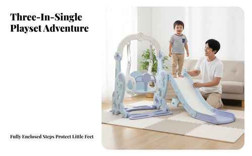 Safe Design 3-in-1 Slide Swing Basketball Set Easy Assembly Toddler Indoor Playset Sensory Development Toddler Slide and Swing Set for Toddlers, Children, Parents, Playroom, Living Room, Daycare, Outdoor