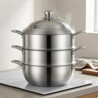 3 Tier Steamer Pot Thickened Finish Tiered Steam Cooker Three Ply Bottom Steaming Pan for Gas Cooktop