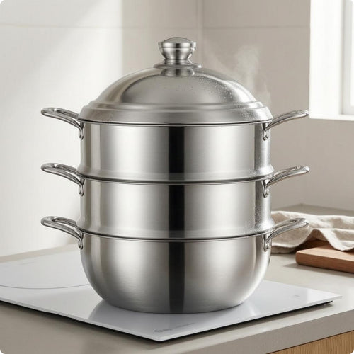 3 Tier Steamer Pot Thickened Finish Tiered Steam Cooker Three Ply Bottom Steaming Pan for Gas Cooktop