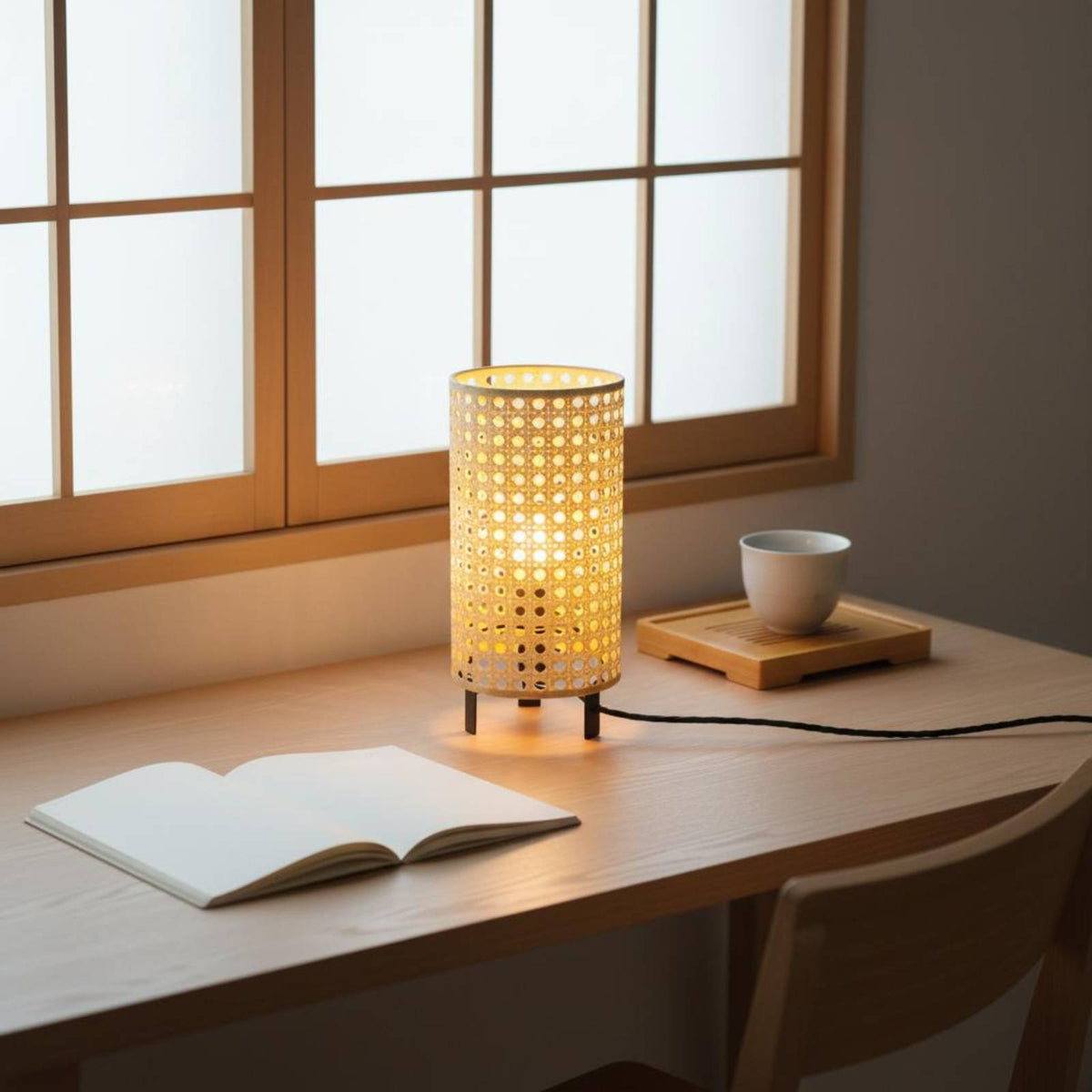 Rattan Table Lamp Black Base Home Lighting Adjustable 3 Colors