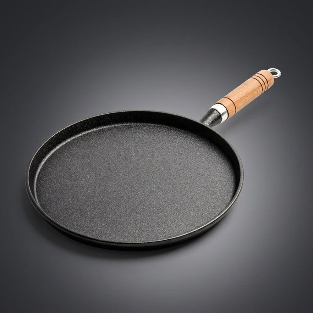 Frying Pan and Pancake Pan with Wooden Handle, Heavy Duty Cast Iron Griddle Pan for Crepes, Flat Bottom Egg Pan Induction Set with Glass Lid