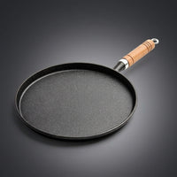 Frying Pan and Pancake Pan with Wooden Handle, Heavy Duty Cast Iron Griddle Pan for Crepes, Flat Bottom Egg Pan Induction Set with Glass Lid