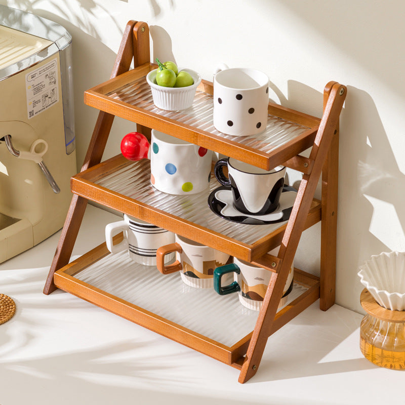 Foldable Bamboo 3-Tier Tabletop Storage Shelf for Coffee Corner and Bar