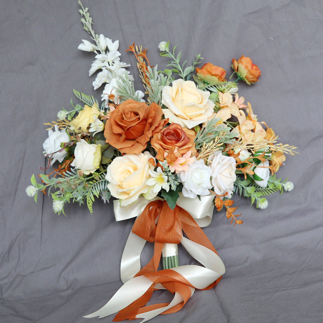 European Romantic Orange Bridal Bouquet for Wedding Photography Artificial Flowers Photo Prop Home Living Room Decor