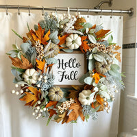 Realistic Pumpkin and Maple Leaf Wreath for Autumn Farmhouse Thanksgiving Decoration