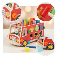 Multifunctional Wooden Bus Toy Educational Hammer and Peg Toy Sturdy Developmental for Preschoolers