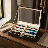 8-Grid Eyewear Organizer Wood Grain Finish Sunglasses Storage Box Clear Lid