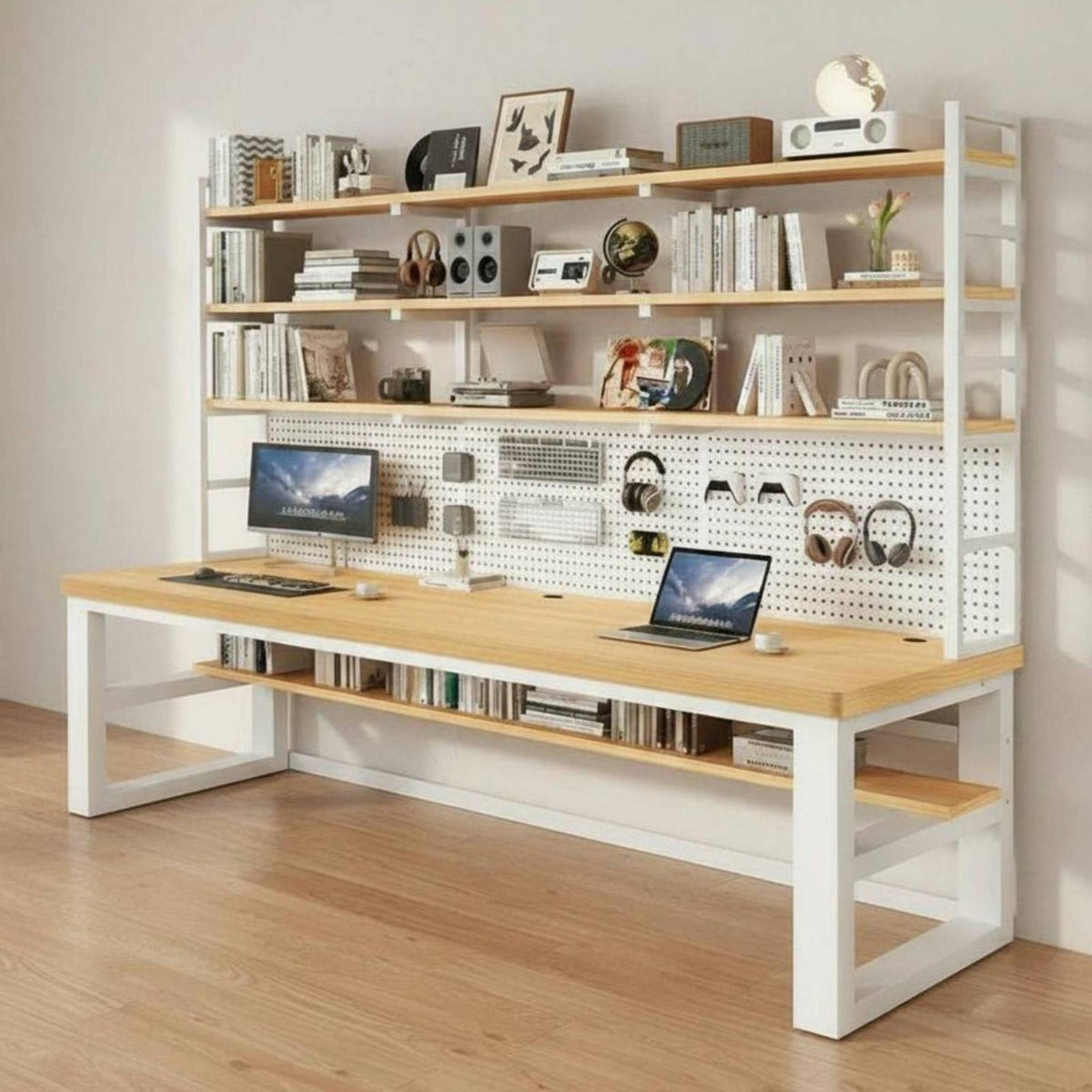 Long Writing Table with Pegboard Wide Desktop 2 Person Study Desk with Shelves Sturdy Construction Two Person Desk for Students, Families, Living Room