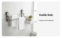 DrillDrillless Suction Cup Double Towel Bar Multipurpose Bathroom Organizer Waterproof Wall Rack Rust-Proof for Renters, Homeowners, Families, Kitchen, Washroom, Laundry Room