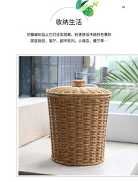 创意带盖收纳桶杂物篮仿藤编储物筐轻奢塑料家用客厅垃圾篓