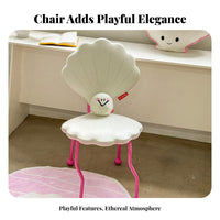 Includes Pearl Plushie Seashell-Shaped Chair Comfortable Soft Cushion Vanity Stool Curved Legs Room Decor for Women, Design Enthusiasts, Teens, Bedroom, Playroom
