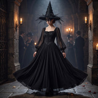 Halloween Witch Costume with Hat Black Witch Costume Corset-Style Gothic Dress transparentSleeved for Women, Cosplay
