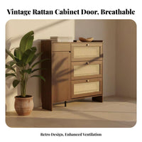 Retro Design Rattan Tip-out Shoe Cabinet Unrestricted Standing Storage Furniture Space-Saving Design Large Capacity for Homeowners, Apartment Dwellers, Families, Entryway, Hallway, Mudroom, Living Room