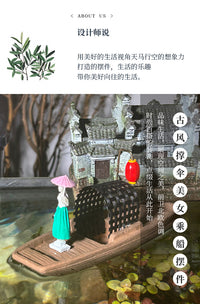 撑伞美女乘船摆件微景观古风人物摆件奇石沙盘假山盆景造景装饰品