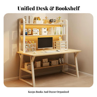 Study Table Desk with Bookshelf Computer Desk Hutch Multi-level Shelving Sturdy Steel Frame Ergonomic Workspace Suitable for Students Kids Bedroom Home Office
