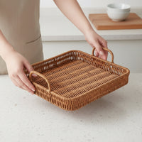 Square Woven Tray with Handles Shallow Serving Tray with Handles Wicker Bread Basket Rustic for Dining Table, Kitchen Counter, Living Room