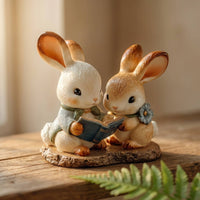 Reading Bunny Statue Desk Display Ceramic Bunny Ornament Hand-Painted Look Hare Figurine for Bookshelf, Living Room