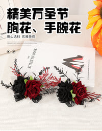暗黑酒红黑玫瑰手腕花万圣节哥特风配饰新娘复古蕾丝花边腕花胸花