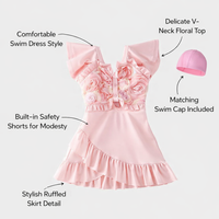 Girls' Short Sleeve One Piece Swimsuit, Polyester Material, Kids' Anti-Exposure Swimming Costume with Integrated