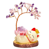 Lucky Cat Natural Crystal Money Tree Figurine, Cute Cat Desk Decor for Home and Office