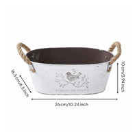 Rustic Oval Planter with Rope Handles Distressed Metal Planter with Handles Shallow Planters Tabletop for Gardeners, Windowsill
