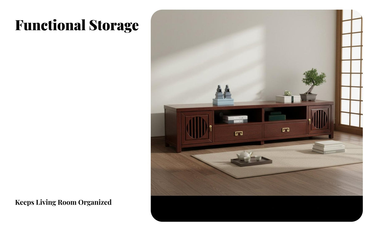 Zen Inspired Design Chinese Design TV Cabinet Brass-Finish Hardware Solid Wood Media Console Low Profile TV Cabinet