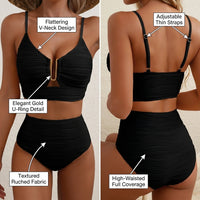 Swimsuit for Women, V-Neck Cutout Bikinis with High-Waisted Textured Pleats, Stylish Two-Piece Set with Chest Pads, Flattering Pool Wear
